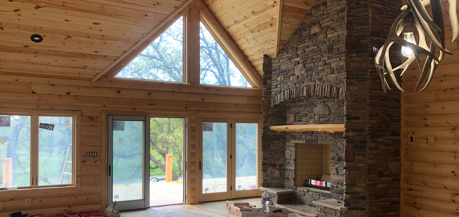 interior of a pole barn log-cabin style home